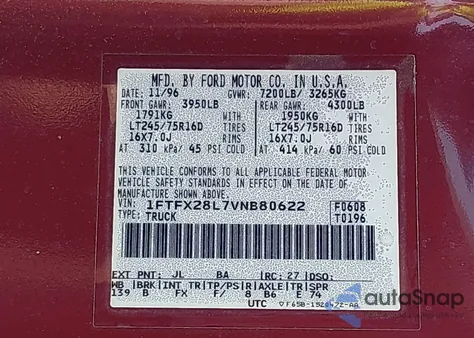 1997 Ford F-250 Lariat/Standard/Xl/Xlt from USA, damaged, VIN 1FTFX28L7VNB80622